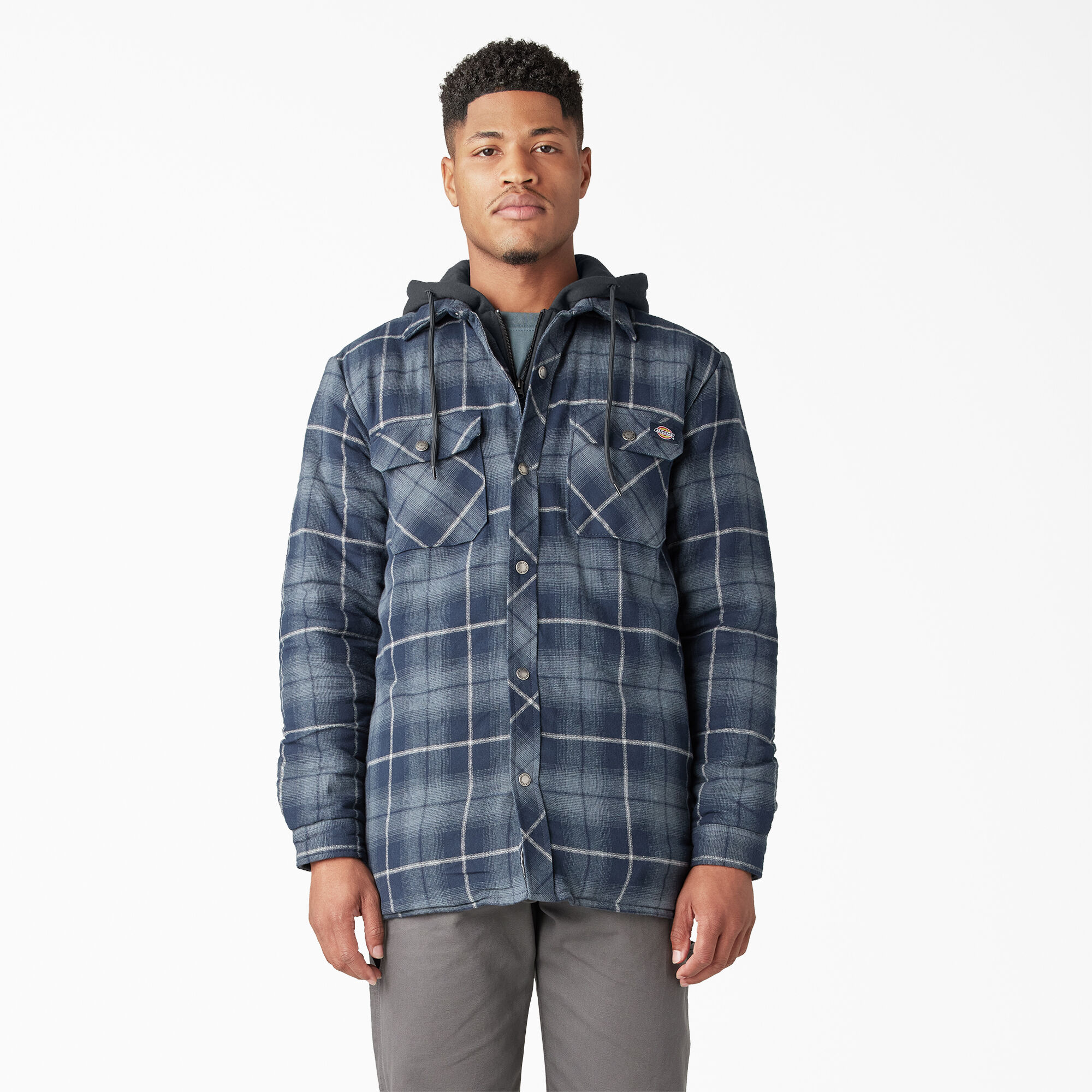 Fleece Hooded Flannel Shirt Jacket with DWR , Navy Storm Ombre