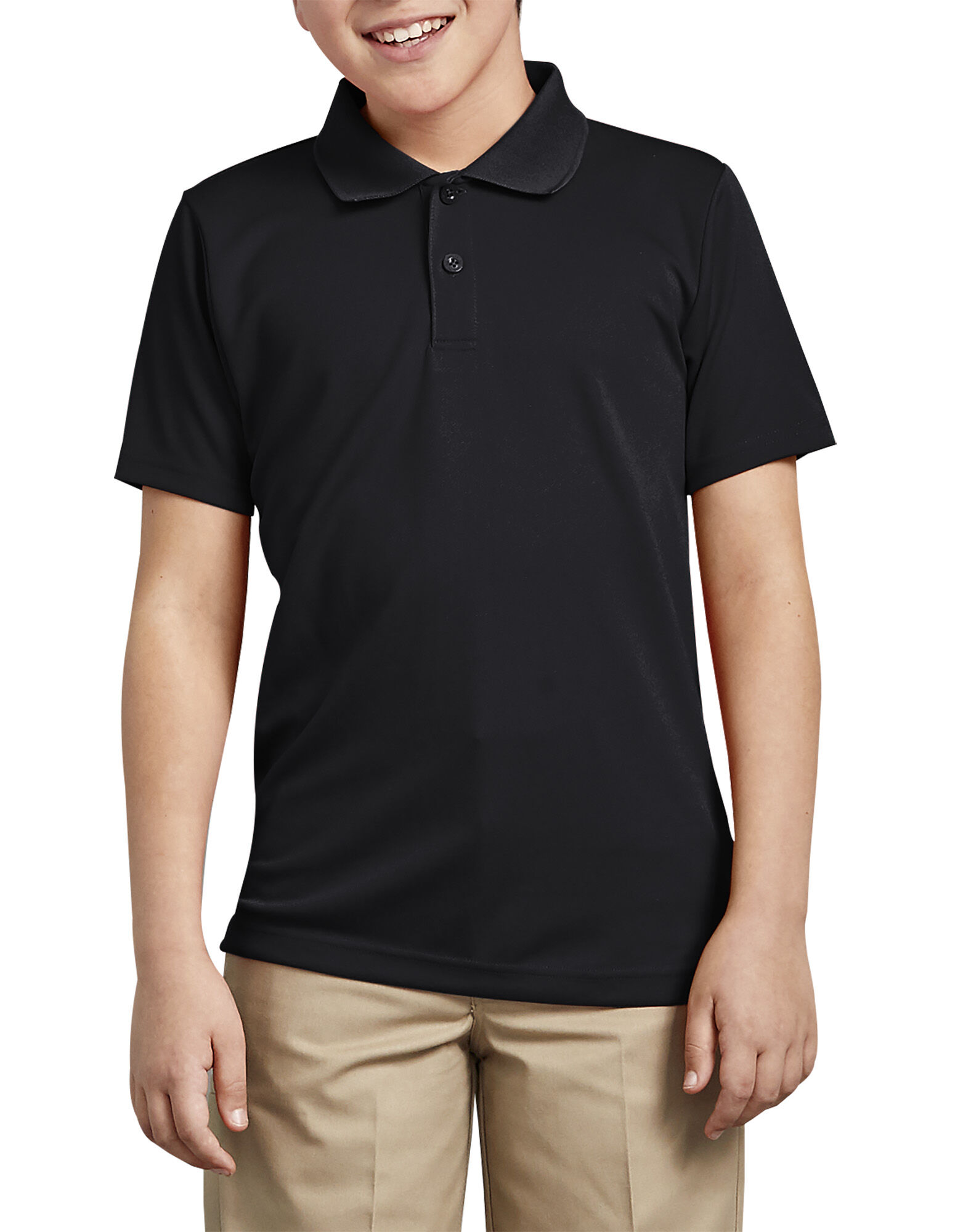 black polo shirt and khaki pants