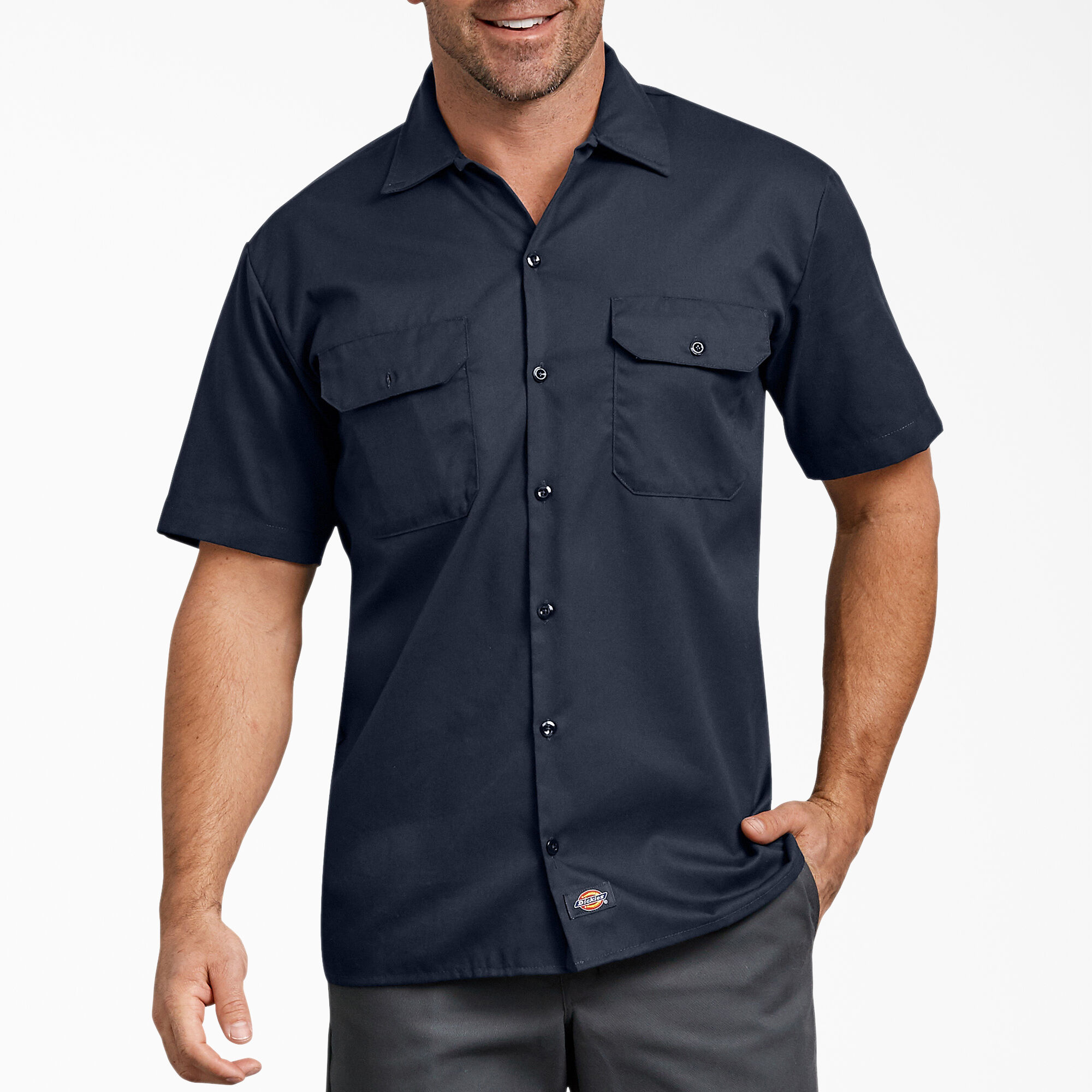 Dickies Men's Flex Relaxed Fit Short Sleeve Twill Work Shirt, Dark Navy, 2XL