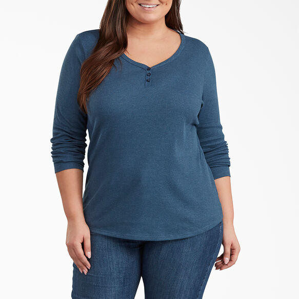 Women's Plus Size Long Sleeve Henley Shirt Dark Denim Blue | Women's ...