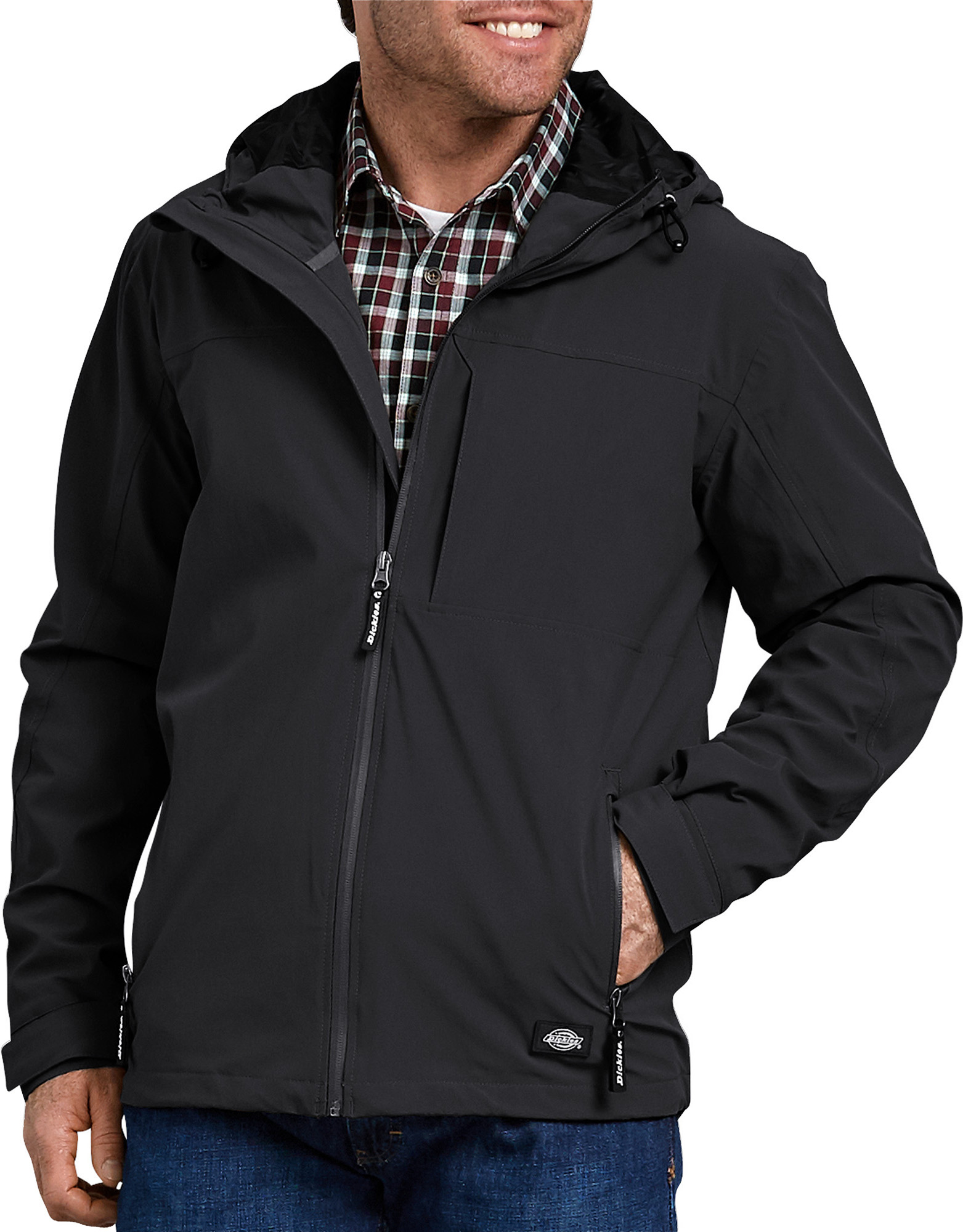 black waterproof hooded rain mac